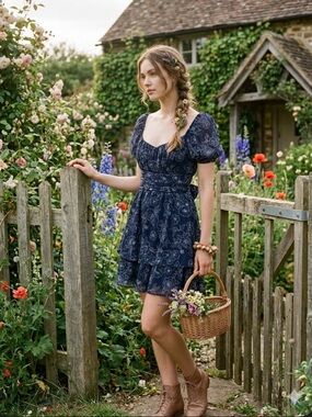 NWT Trixxi Los Angeles Navy Floral Puff Sleeve Tiered Mini Dress Size XS